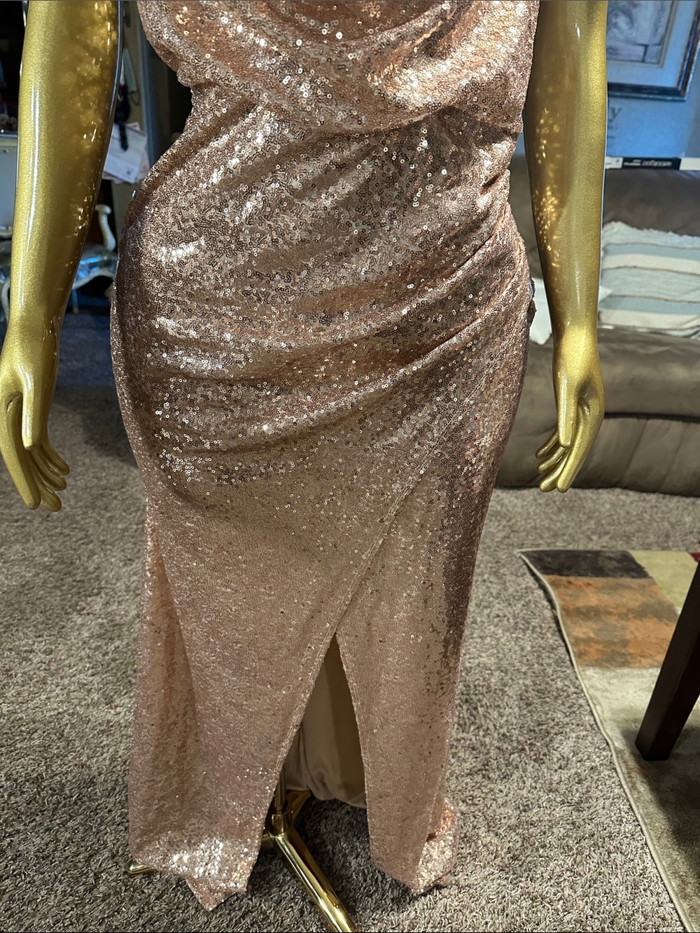 Sequined Cowl Halter Prom Dress in Rose Gold - Picture 5 of 10